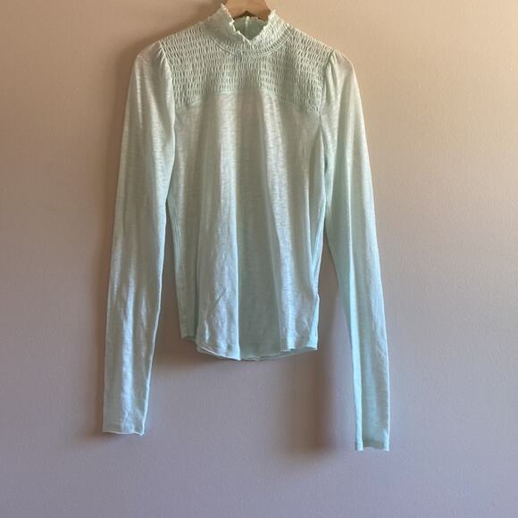 NWT Free People Caroline Mock Turtleneck Smocked Top Iced Aqua Mint Top - Picture 2 of 9